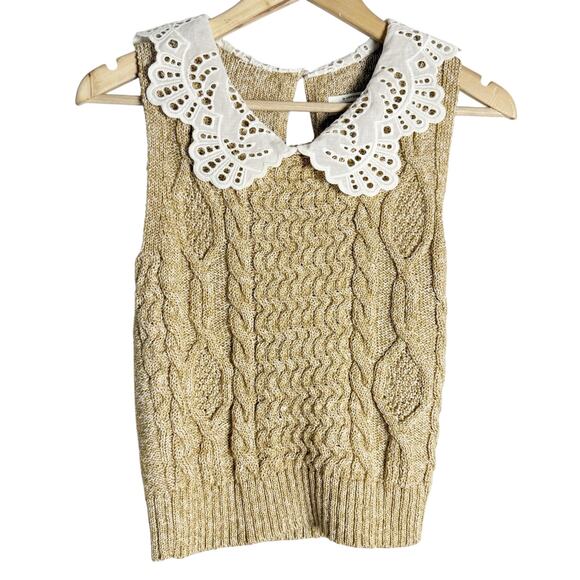 Anthropologie Beige Sleeveless Lace Collar Preppy Cable Knit Sweater Size XS - Picture 2 of 8